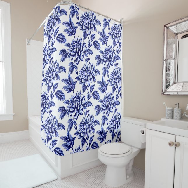 Blue and White Dahlia Flowers Toile de Jouy (In Situ)