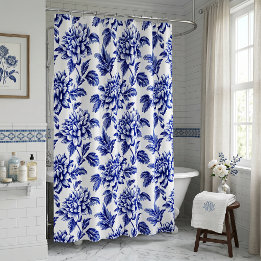 Blue and White Dahlia Flowers Toile de Jouy