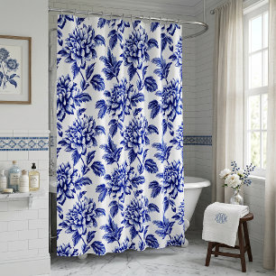 Blue and White Dahlia Flowers Toile de Jouy