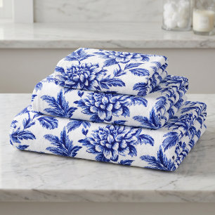 Blue and White Dahlia Flowers Toile de Jouy Bath Towel Set