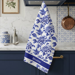 Blue and White Dahlia Flowers Toile de Jouy Kitchen Towel