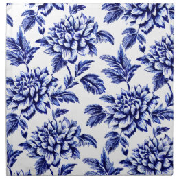 Blue and White Dahlia Flowers Toile de Jouy Napkin