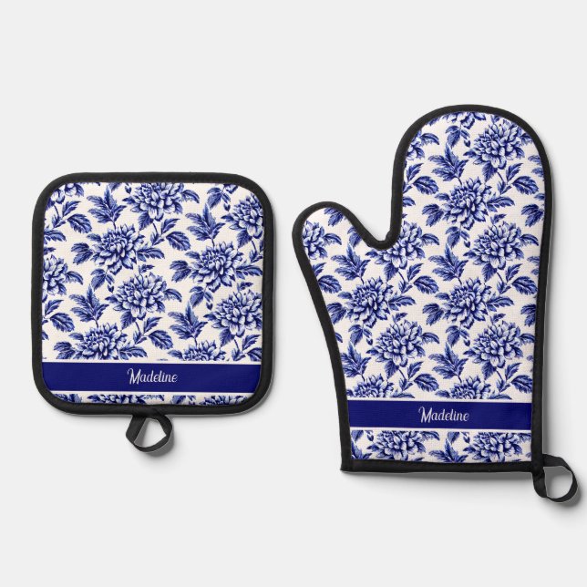 Blue and White Dahlia Flowers Toile de Jouy Oven Mitt & Pot Holder Set (Front)