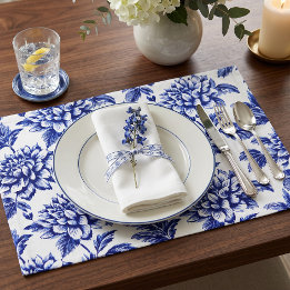 Blue and White Dahlia Flowers Toile de Jouy Placemat