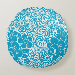 Blue and White Daisy Illustrated Floral Pattern Round Pillow