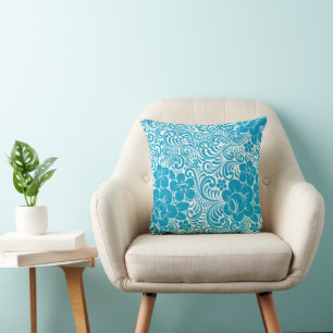 Blue and White Daisy Illustrated Floral Pattern Throw Pillow