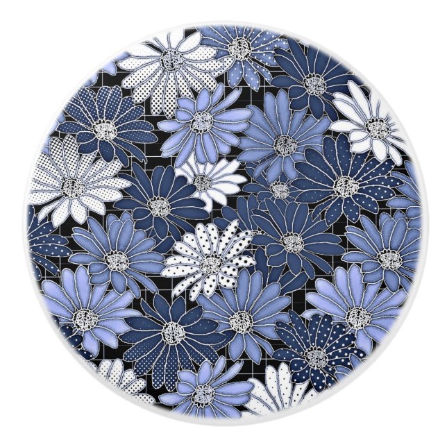 Blue and white daisy pattern ceramic knob (Front)