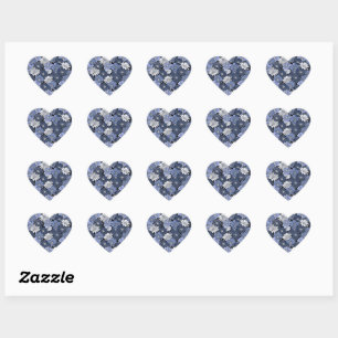 Blue and white daisy pattern heart sticker