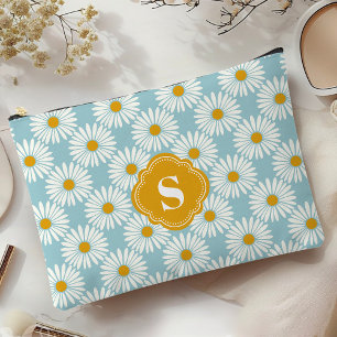 Blue And White Daisy Pattern Monogrammed Accessory Pouch