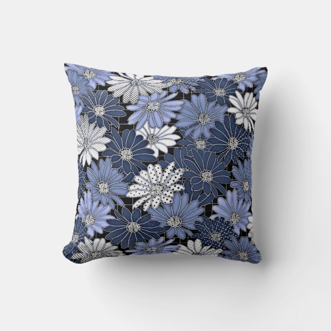 Blue and White Daisy Pattern Throw Pillow (Front)