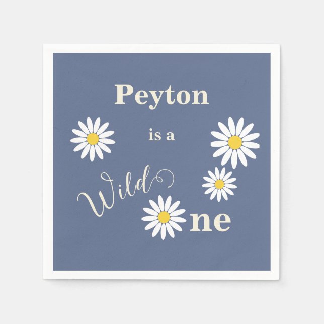 Blue and White Daisy Wild One First Birthday Napkin (Front)