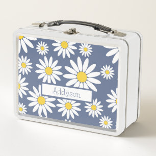 Blue and White Daisy with name Metal Lunch Box