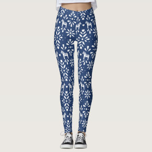 Blue and White Dala Horse Folk Art Pattern Leggings