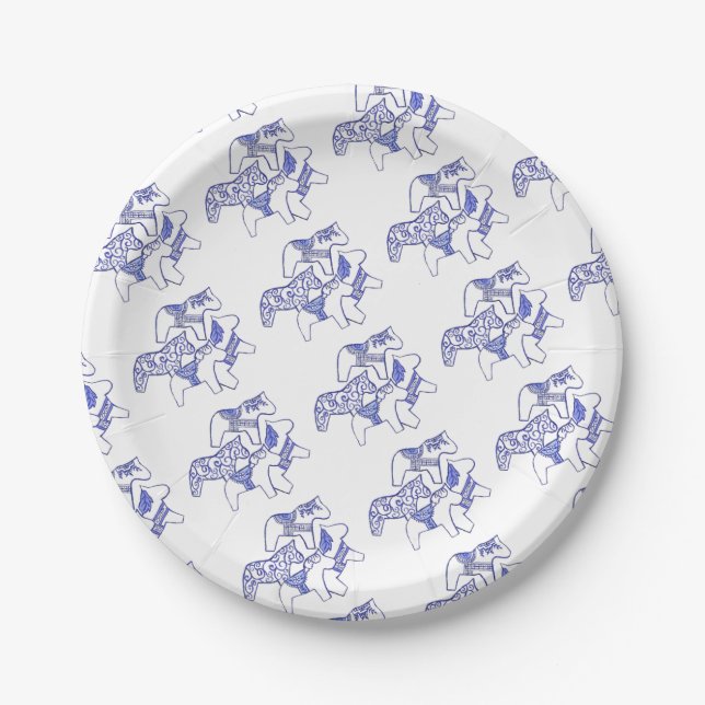 Blue and White Dala Horse Paper Plate (Front)