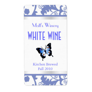 Blue and White Damask and Butterfly Wine Labels