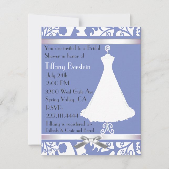 Blue and White Damask Bridal Shower Invitation (Front)
