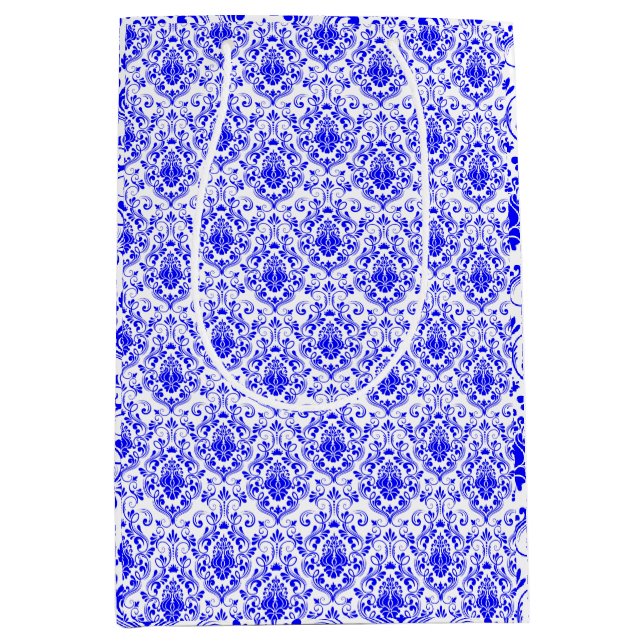 Blue and White Damask Floral Elegant Pattern Medium Gift Bag (Front)