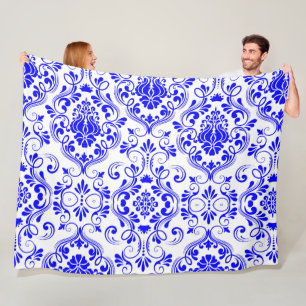 Blue and White Damask Floral Pattern Elegant  Fleece Blanket