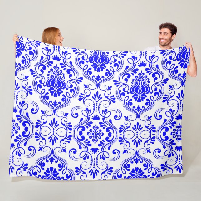 Blue and White Damask Floral Pattern Elegant  Fleece Blanket (In Situ)