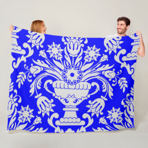 Blue and White Damask Floral Pattern Elegant  Fleece Blanket