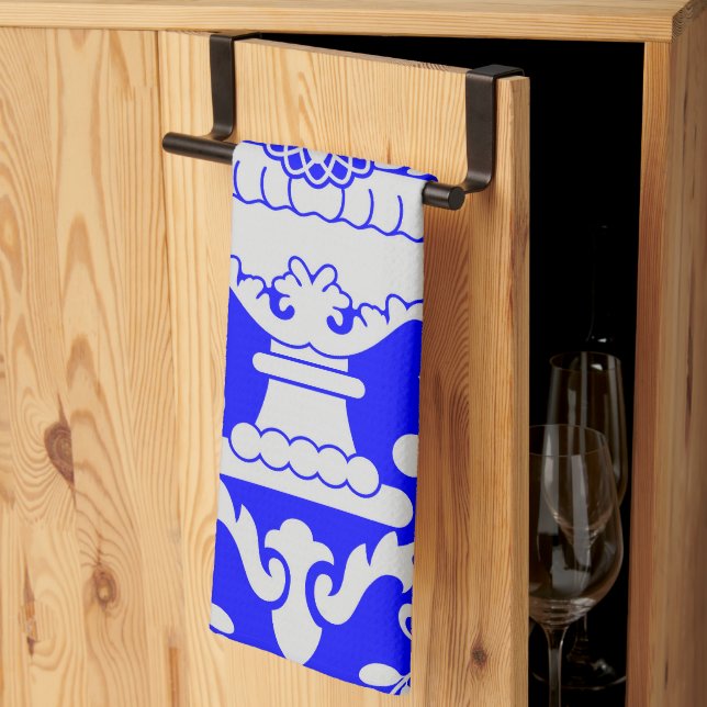 Blue and White Damask Floral Pattern Elegant  Kitchen Towel (Thirds Fold)