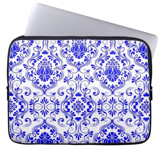 Blue and White Damask Floral Pattern Elegant  Laptop Sleeve (Front)