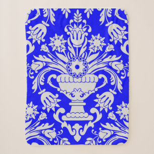 Blue and White Damask Floral Pattern Elegant  Sherpa Blanket