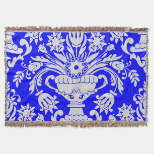 Blue and White Damask Floral Pattern Elegant  Throw Blanket