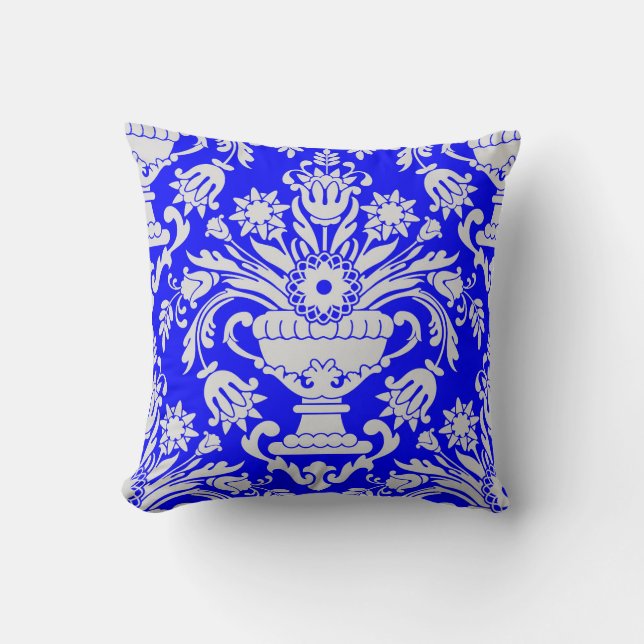 Blue and White Damask Floral Pattern Elegant  Throw Pillow (Front)