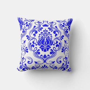 Blue and White Damask Floral Pattern Elegant Throw Pillow