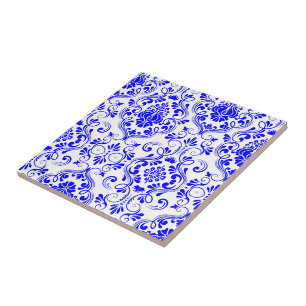 Blue and White Damask Floral Pattern Elegant  Tile