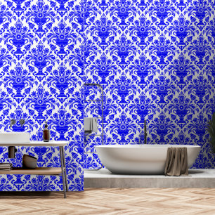 Blue and White Damask Floral peel and stick Wallpaper