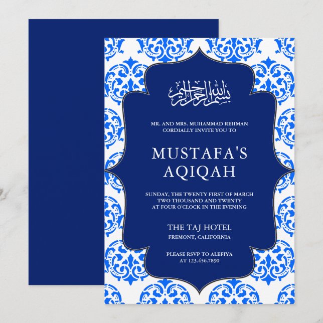 Blue and White Damask Islamic Aqiqah Ceremony Invitation (Front/Back)