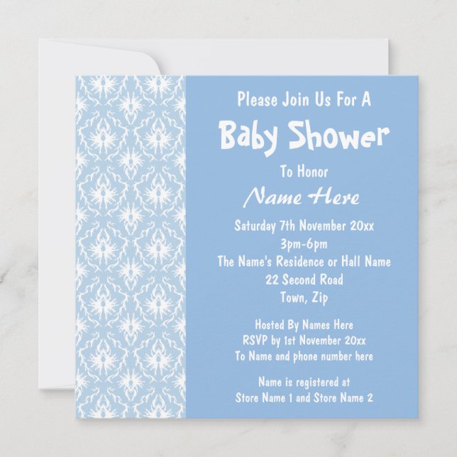 Blue and White Damask Pattern, Custom Baby Shower Invitation (Front)