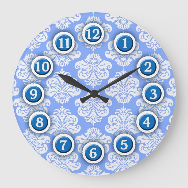 Blue and White Damask Pattern Wall Clock (Front)