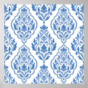 Blue and white damask vintage seamless pattern. Vi Poster