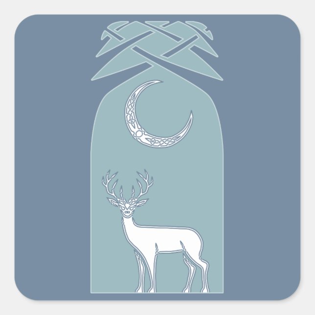 Blue And White Deer In The Forest Celtic Art Square Sticker (Front)