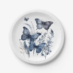 Blue and white Delft art butterflies with flowers Paper Plate