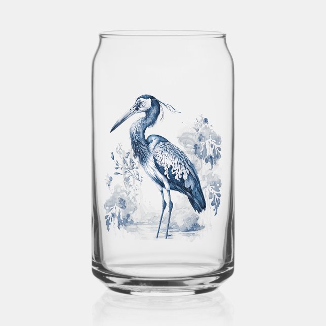Blue and white Delft style art heron with flowers Can Glass (Front)