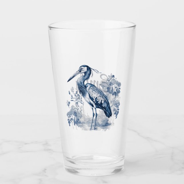 Blue and white Delft style art heron with flowers Glass (Front)