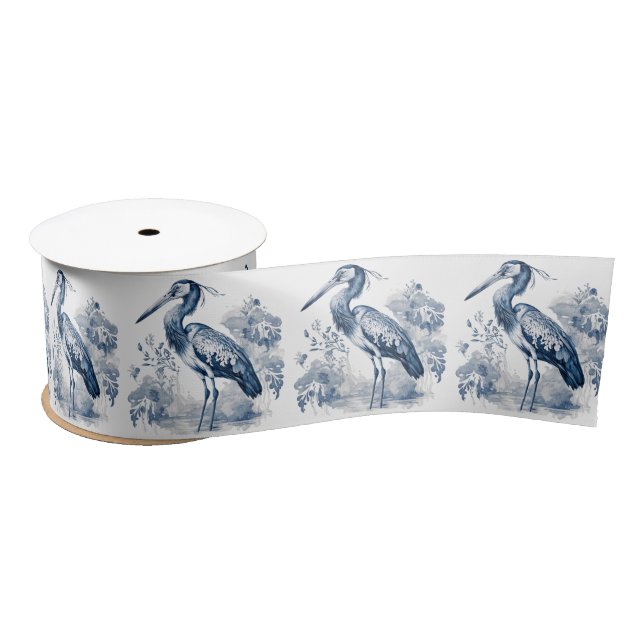 Blue and white Delft style art heron with flowers Satin Ribbon (Spool)