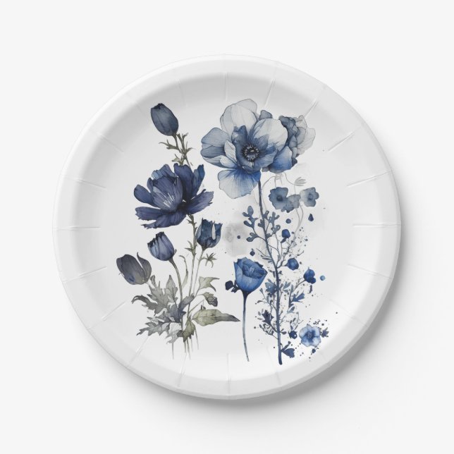 Blue and white Delft style art with wildflowers Paper Plate (Front)