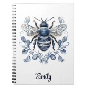 Blue and white Delft style bee design with flowers Notebook
