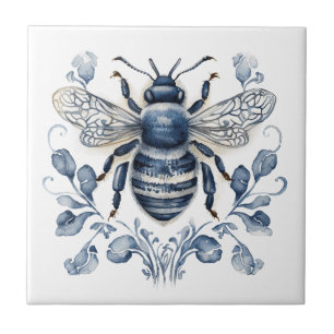 Blue and white Delft style bee design with flowers Tile
