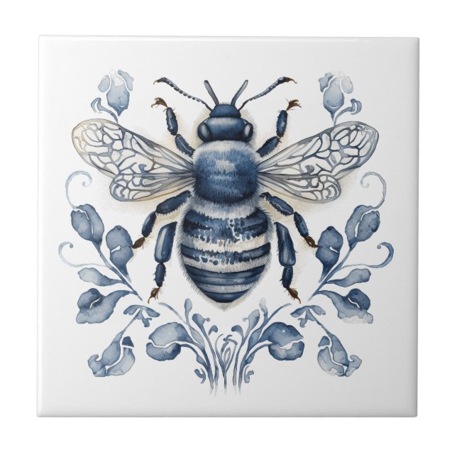 Blue and white Delft style bee design with flowers Tile (Front)