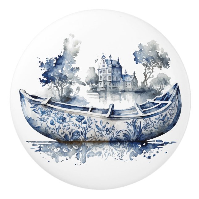 Blue and white Delft style boat with village scene Ceramic Knob (Front)
