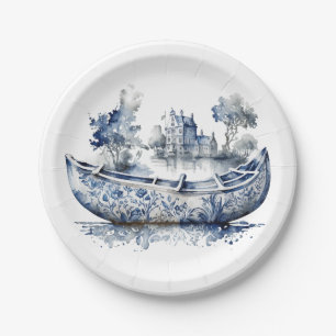 Blue and white Delft style boat with village scene Paper Plate