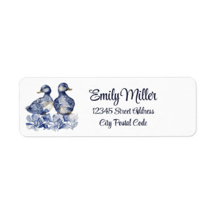 Blue and white Delft style cute ducks with flowers