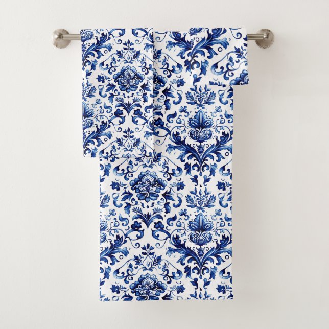 Blue and white Delft style floral ornament pattern Bath Towel Set (Insitu)