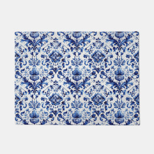 Blue and white Delft style floral ornament pattern Doormat